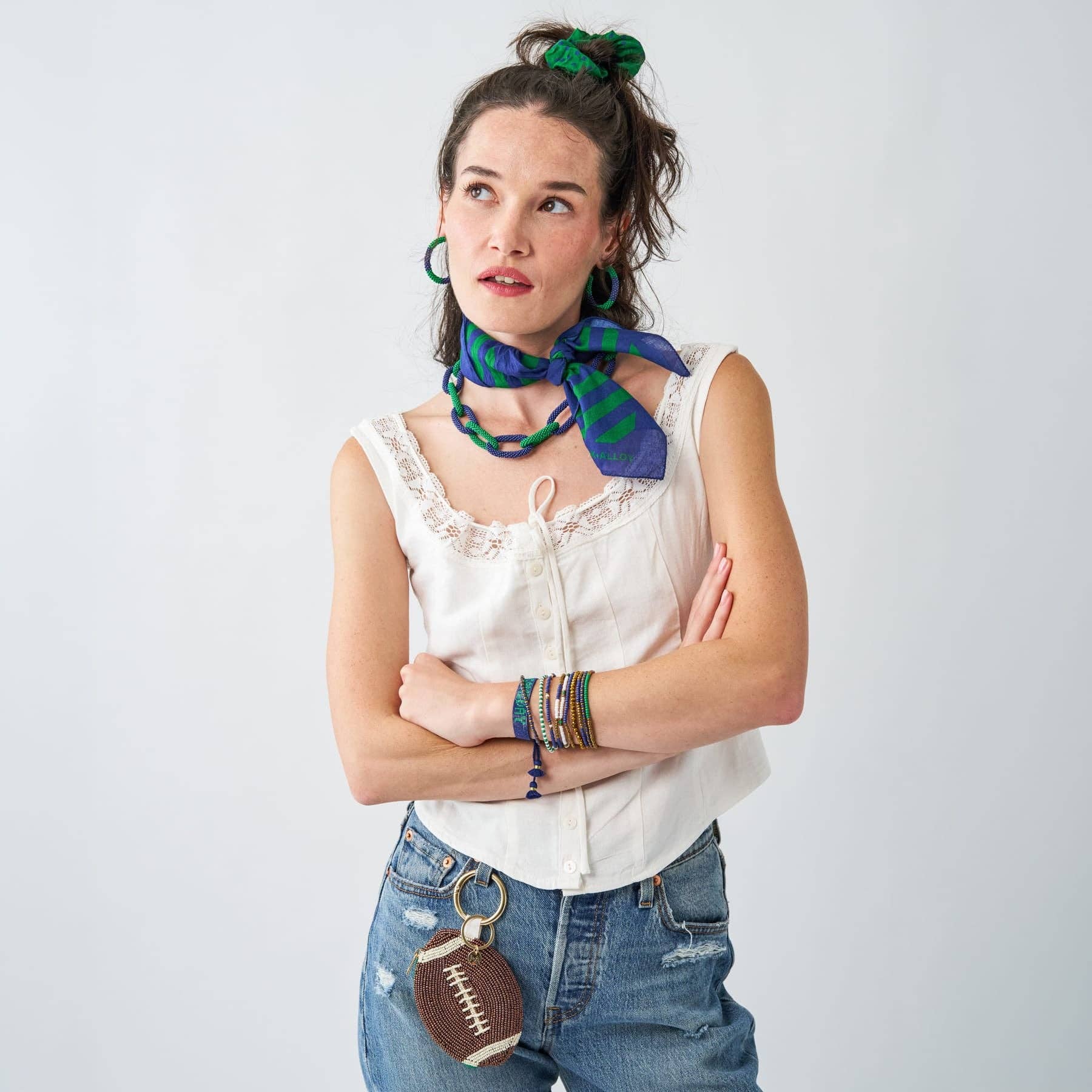 Game Day Chain Link Beaded Necklace-Blue/Green