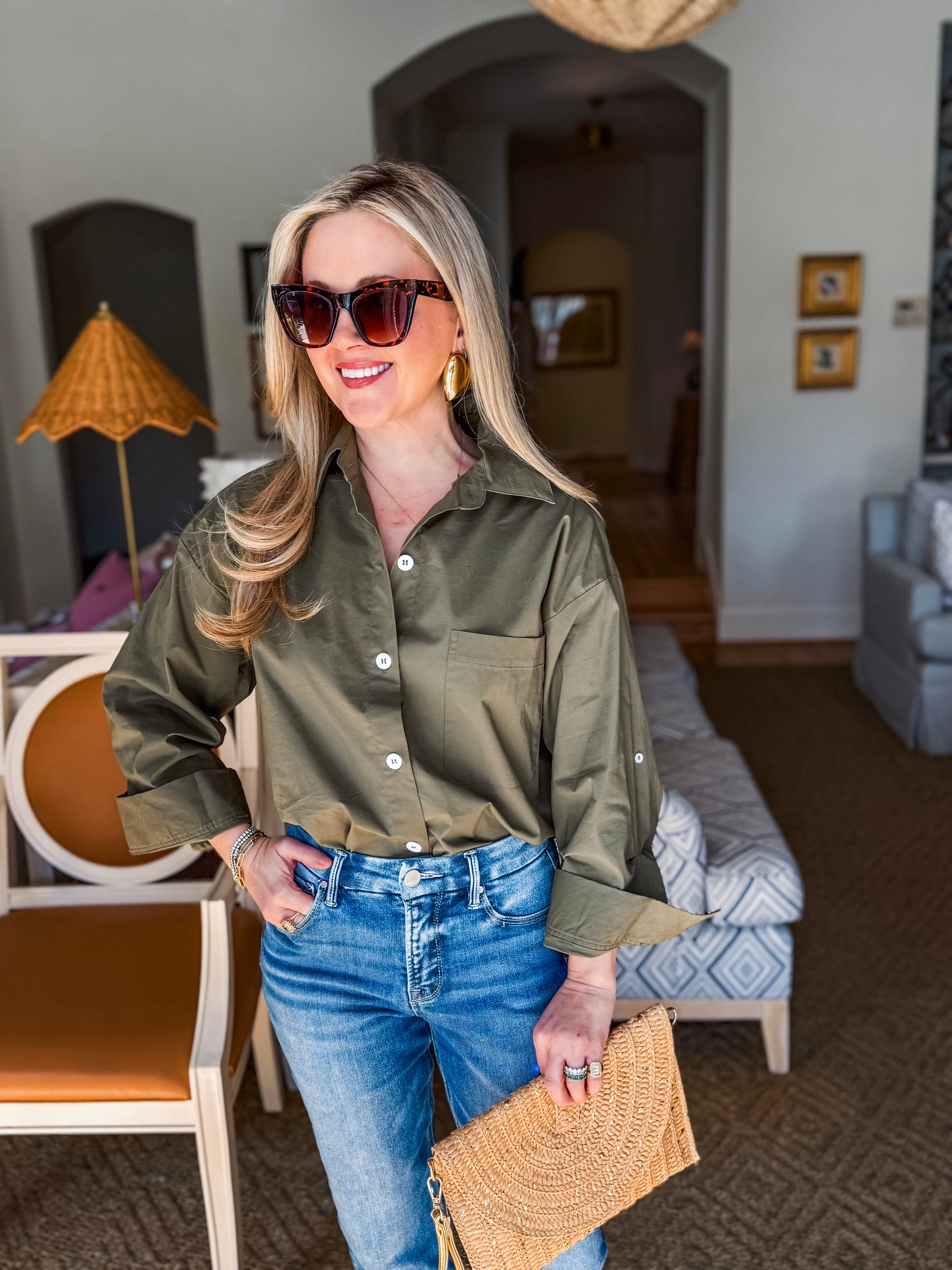 Midtown Chic Button Down Top-Olive