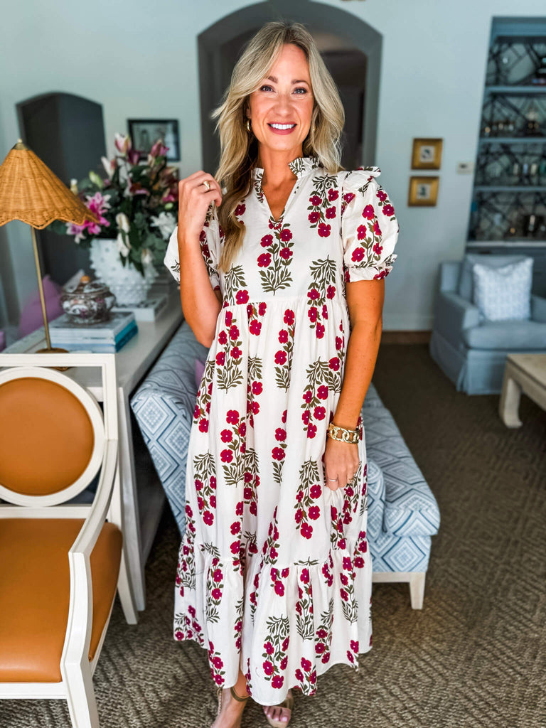 Flora Whim Midi Dress-Red/Ecru