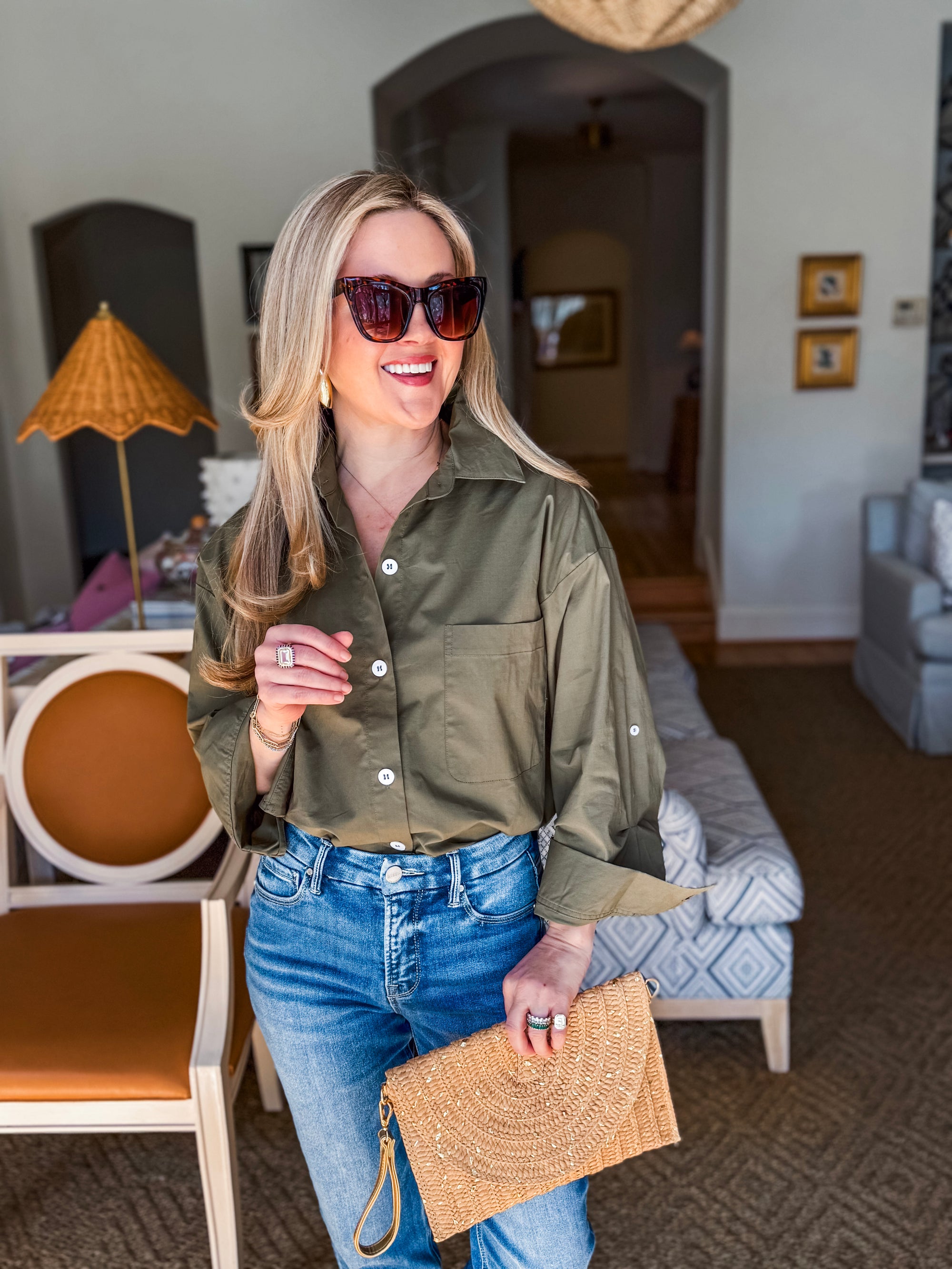 Midtown Chic Button Down Top-Olive