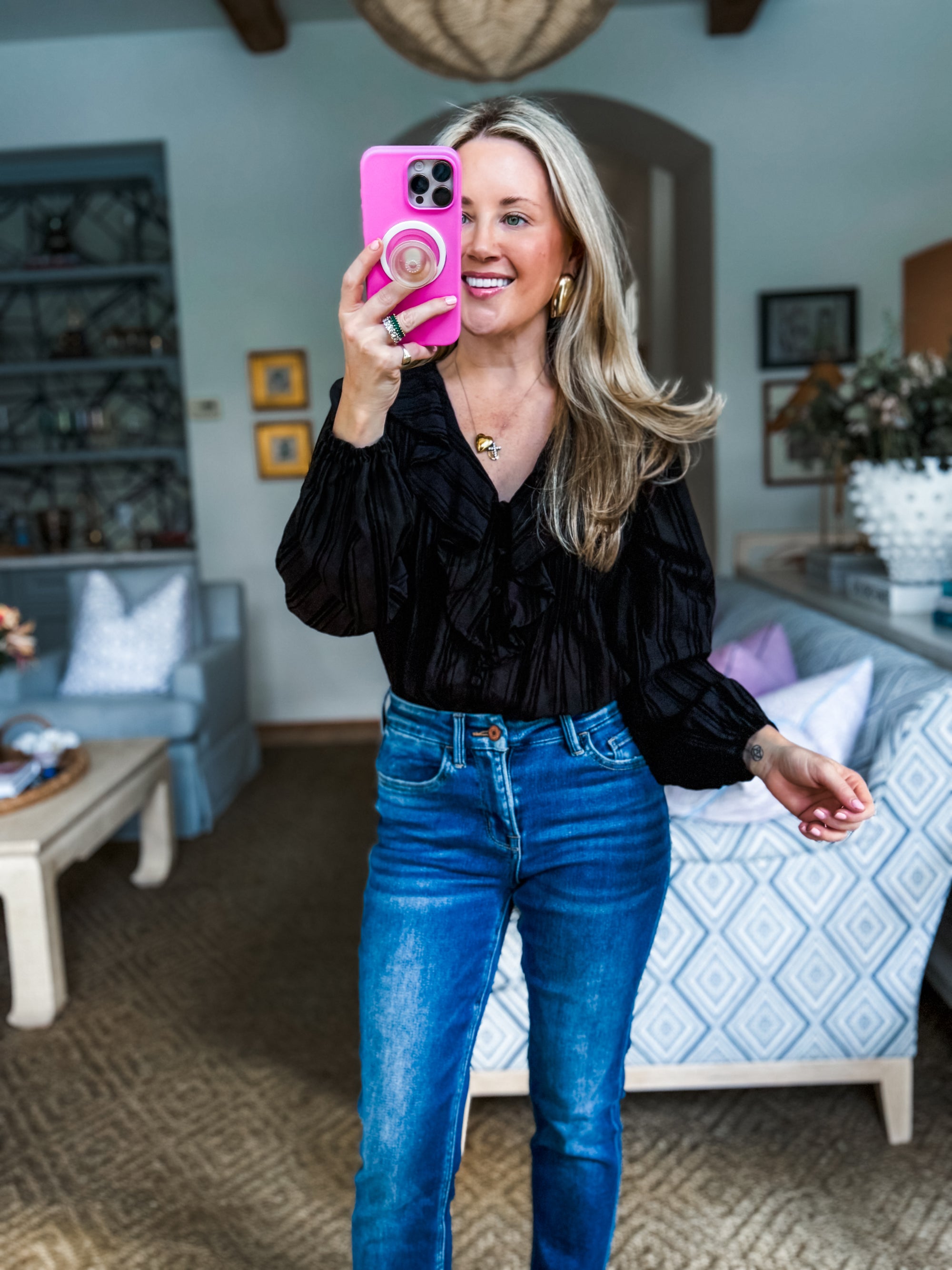 Feeling Light Ruffle Trim Top-Black