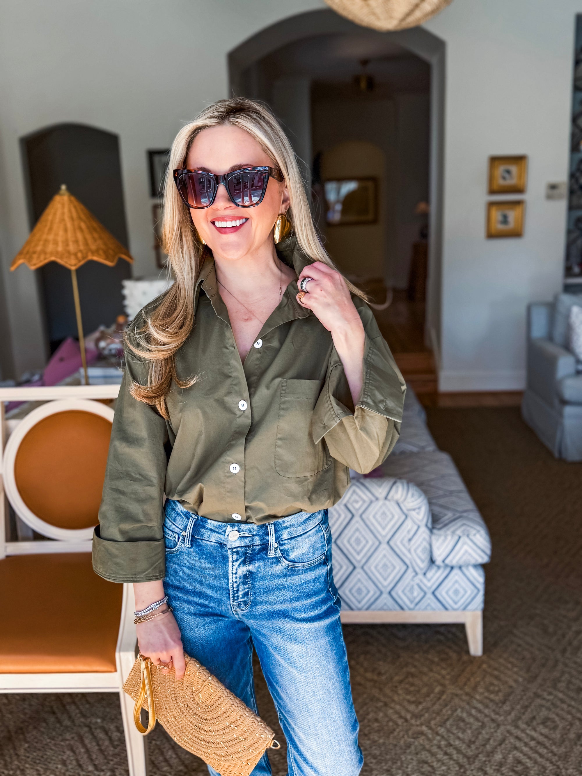 Midtown Chic Button Down Top-Olive