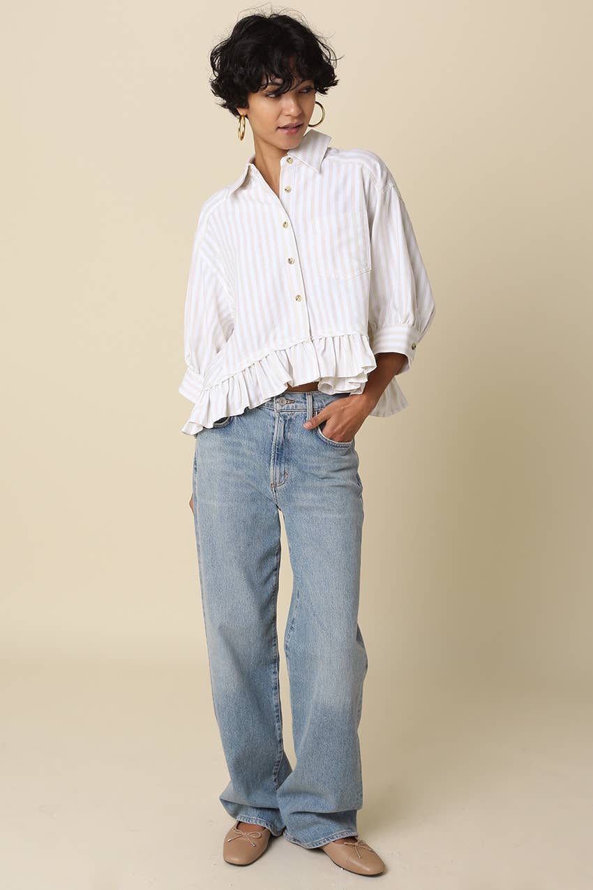 Mattie Striped Ruffle Hem Top-Khaki