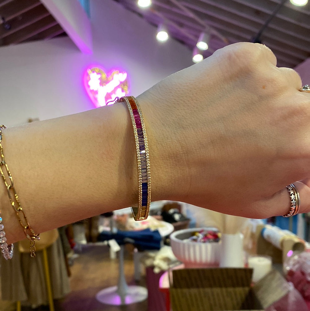 Gold Open Bangles- Rainbow Baguette