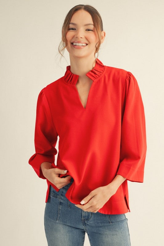 Eloise Ruffle Collar Top-Red