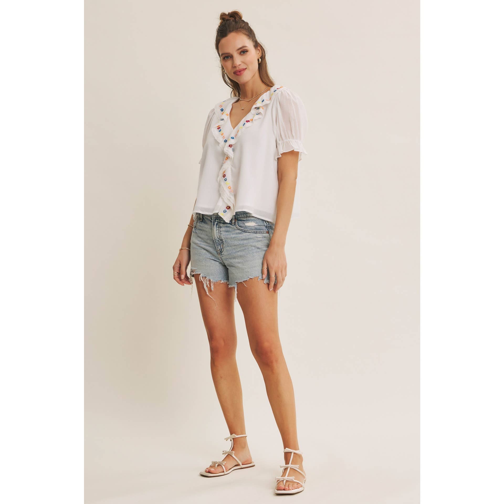 Steps Beach Embroidered Ruffle Top