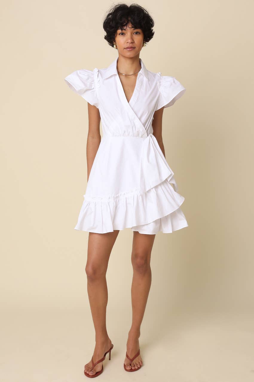 Avah Ruffle Wrap Mini Dress-White