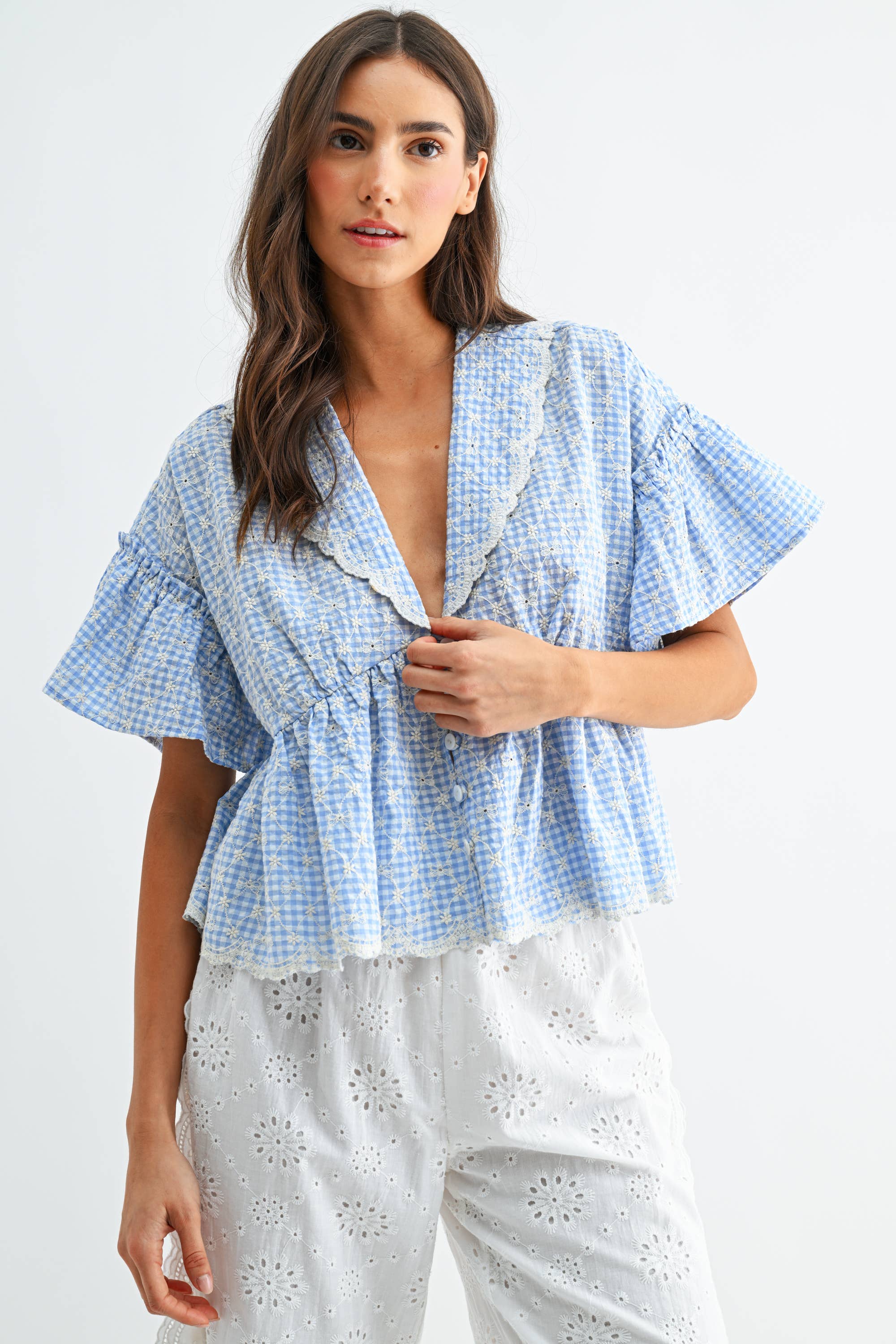 Daisy Gingham Embroidered Top