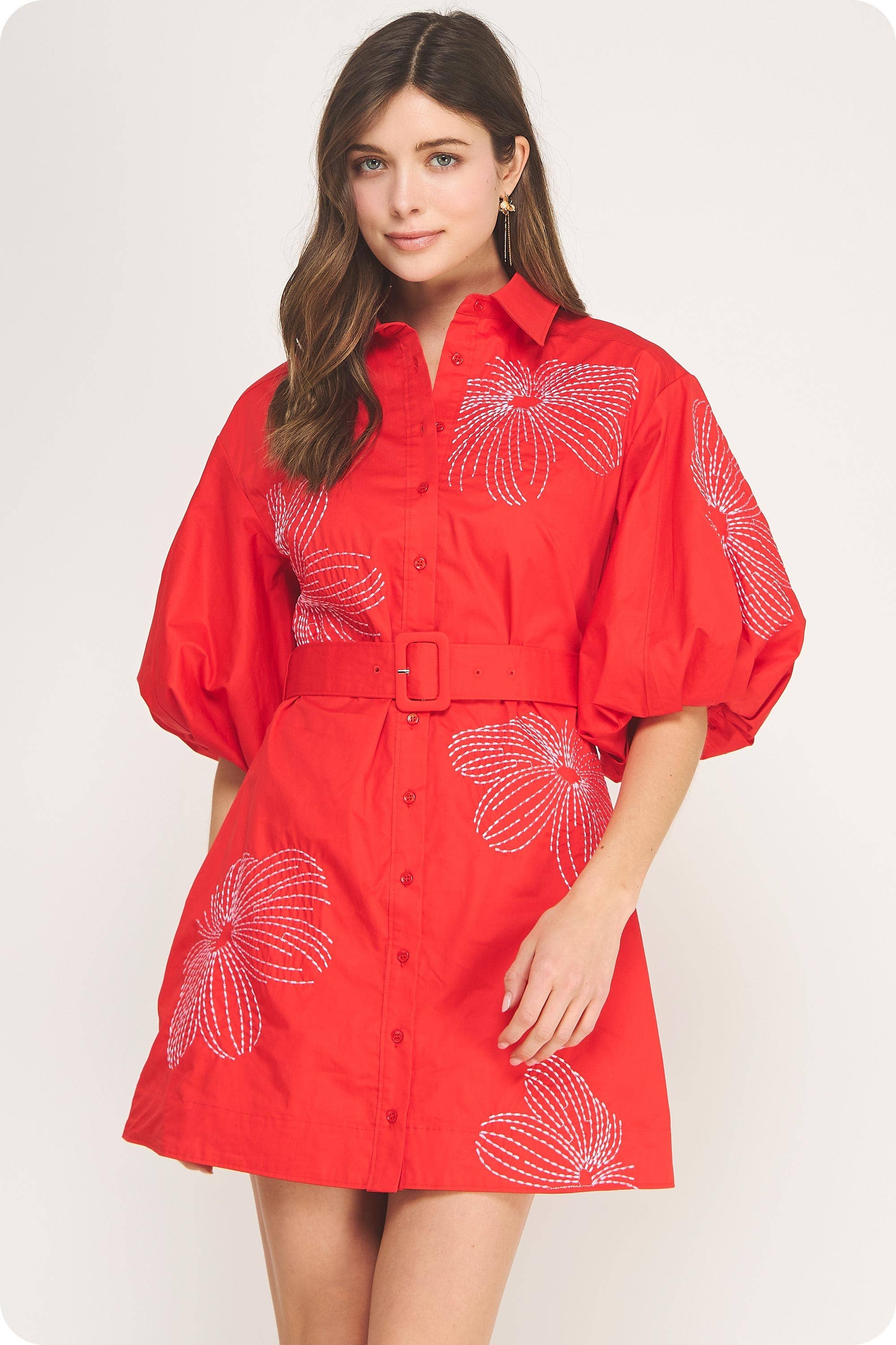 Sweet Flora Puff Sleeve Dress-Red