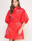Sweet Flora Puff Sleeve Dress-Red