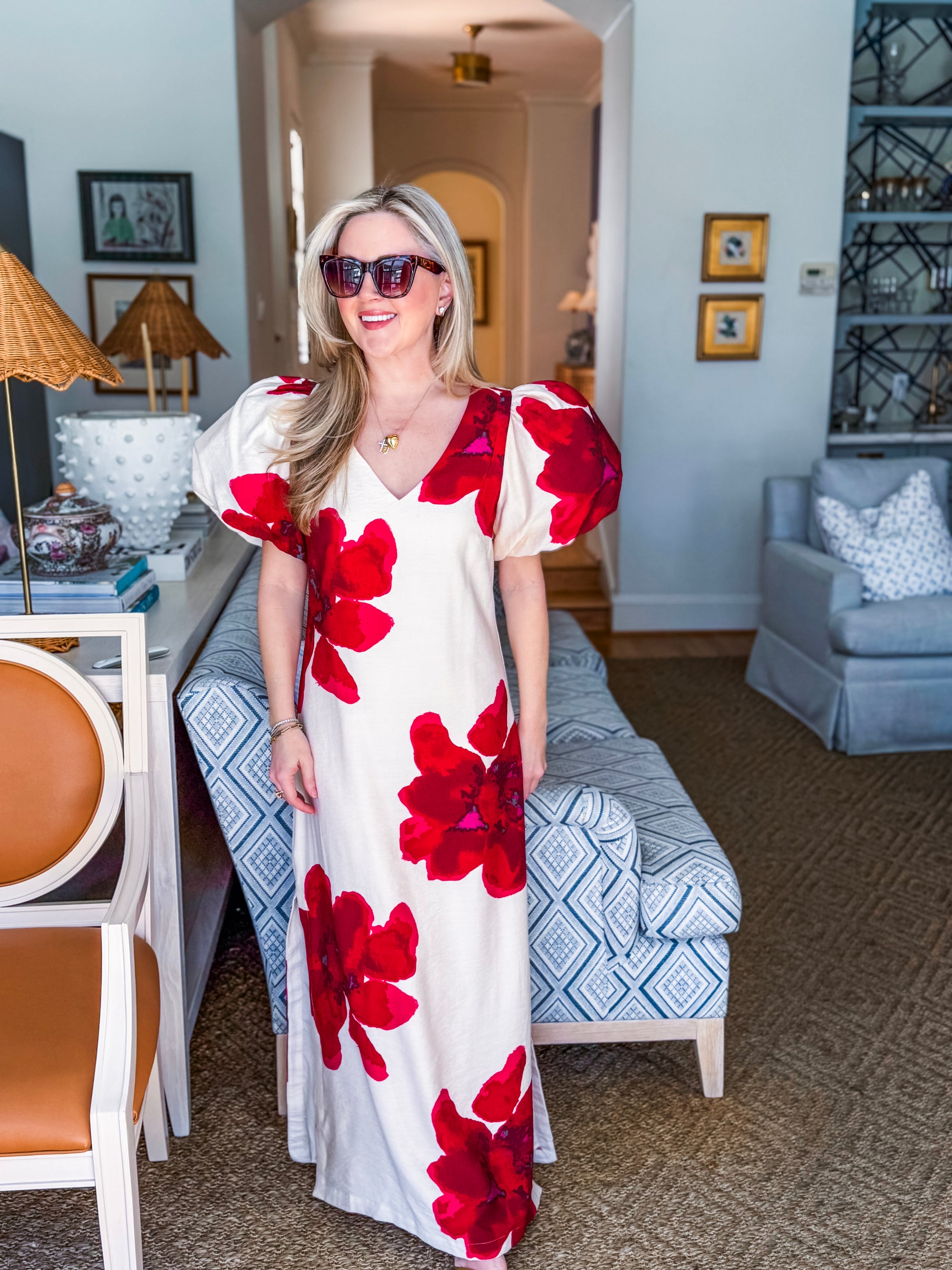 Camellia Puff-Sleeve Maxi Dress-Red