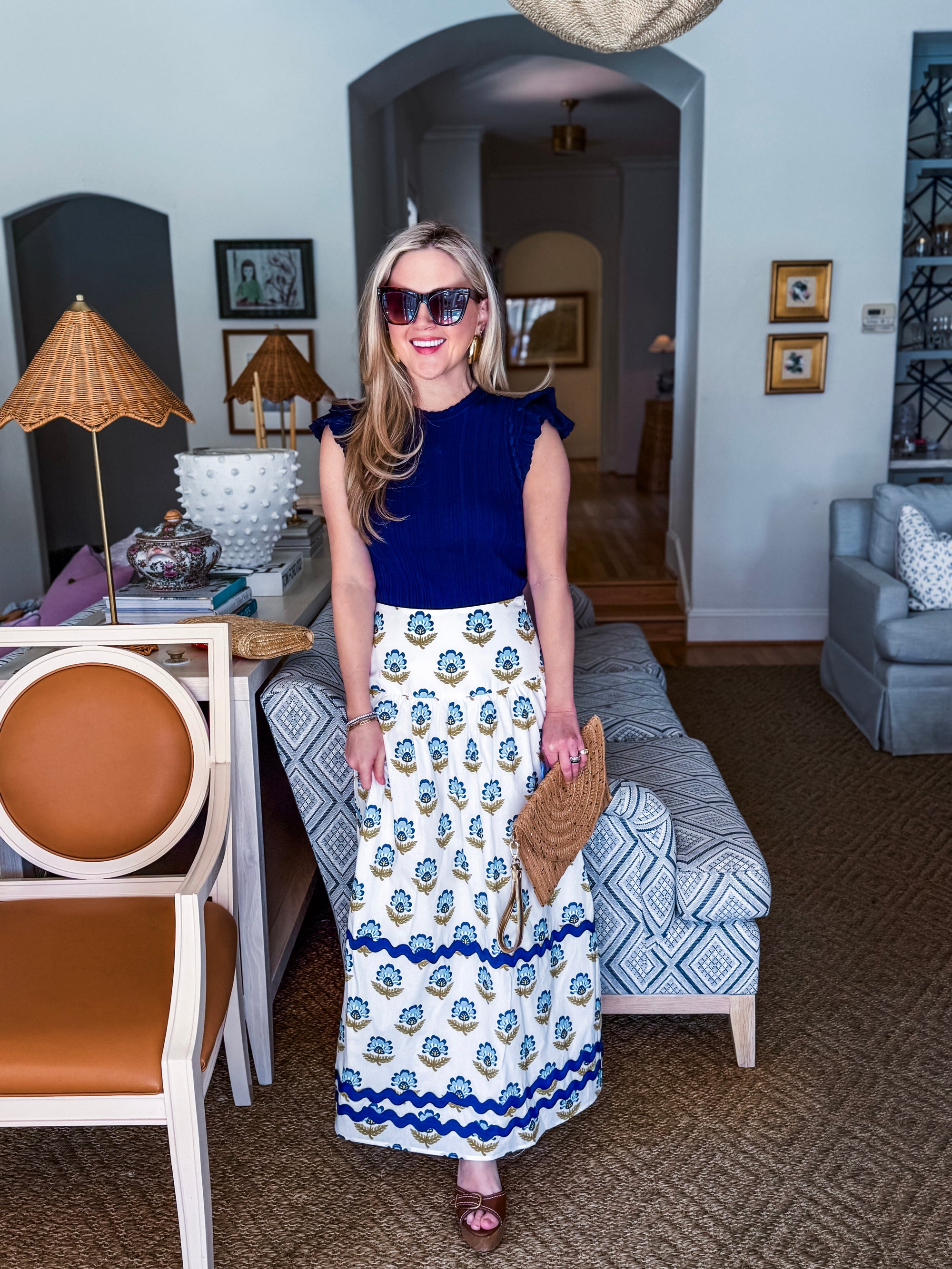 Paris Charm Ruffled Knit Top-Navy