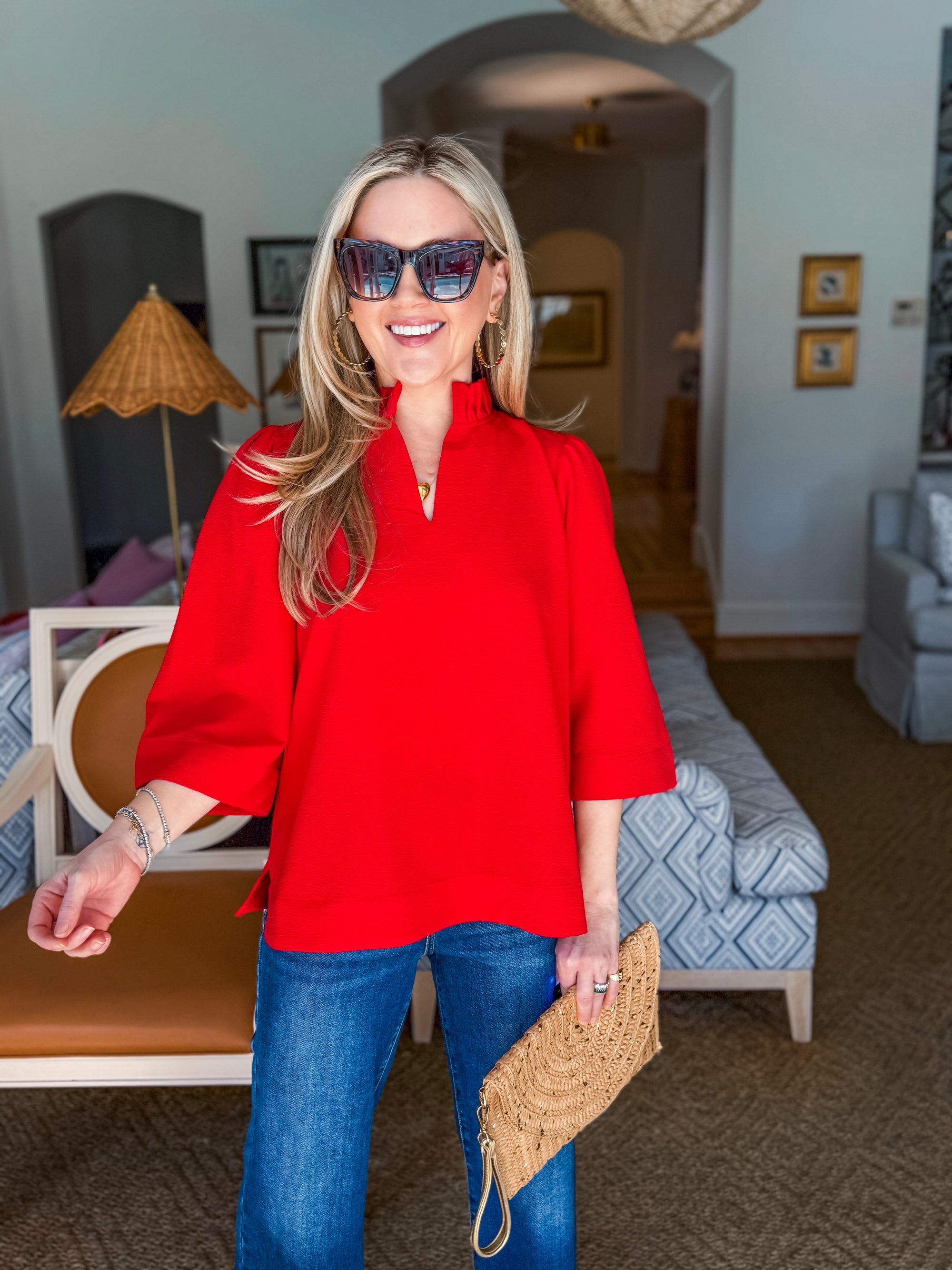 Eloise Ruffle Collar Top-Red