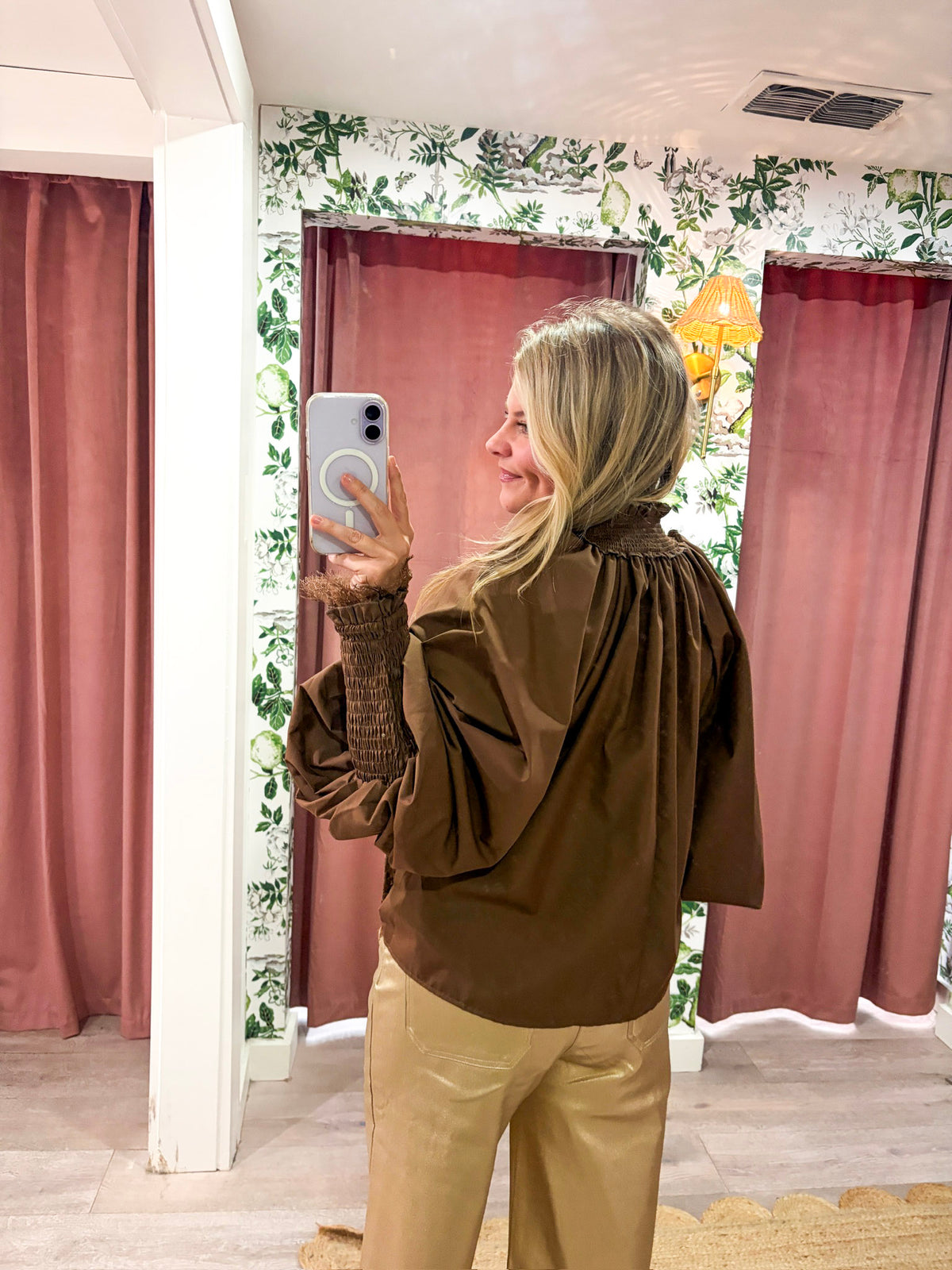 Rosamund Puff Sleeve Top-Brown