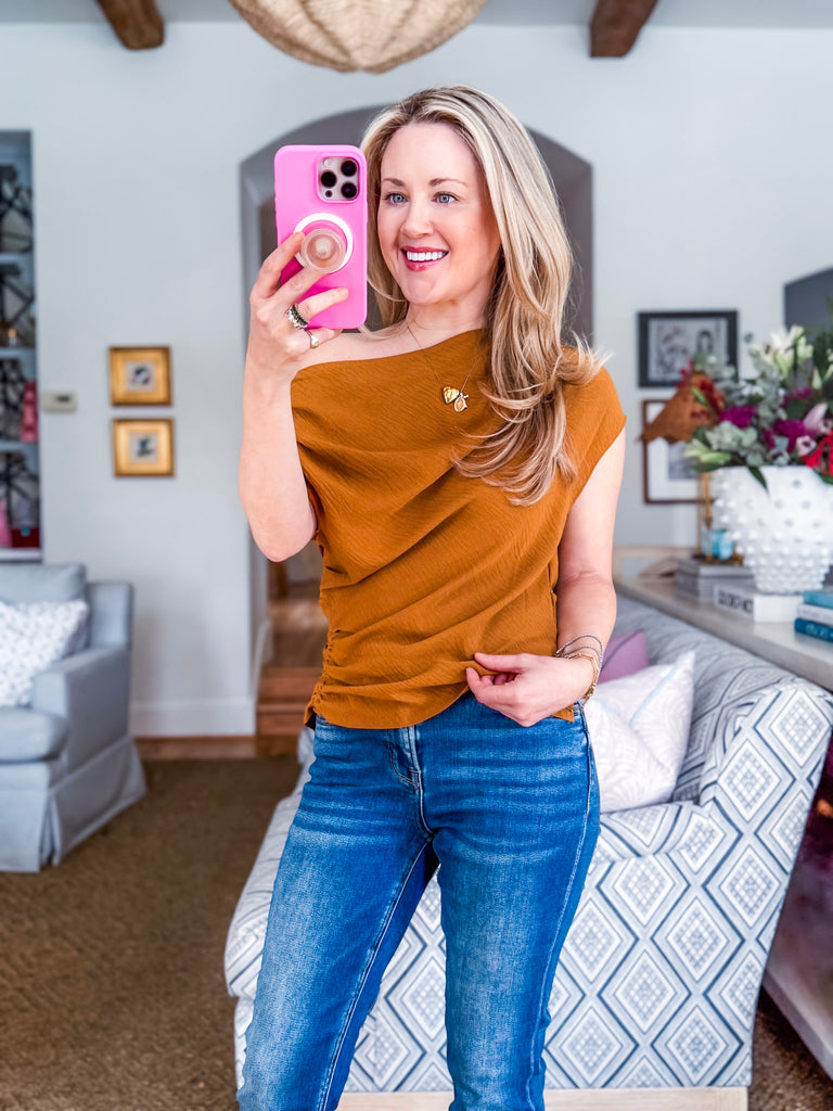 With Ease Draped Neckline Top-Gold Mustard