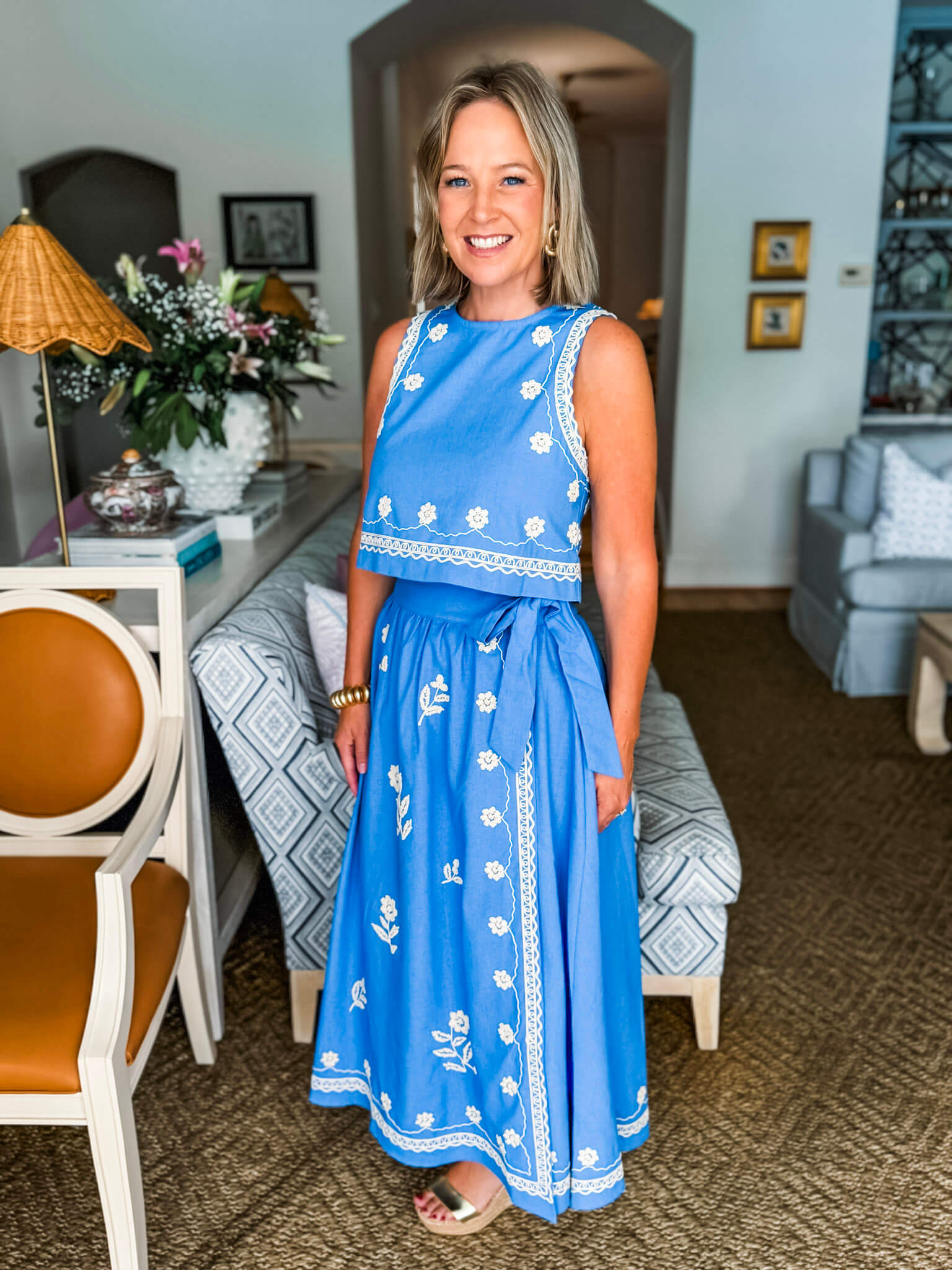 Favorite View Embroidered Skirt Set-Blue