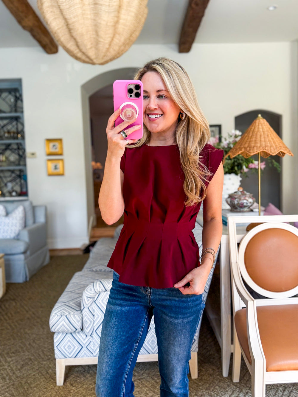 Skyline Chic Pleated Top-Burgundy