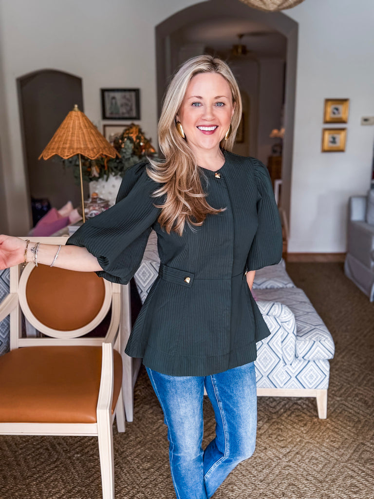 Cityscape Chic Peplum Top-Green