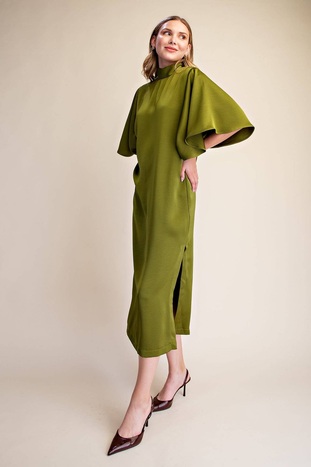 Candlelight Satin Midi Dress-Olive