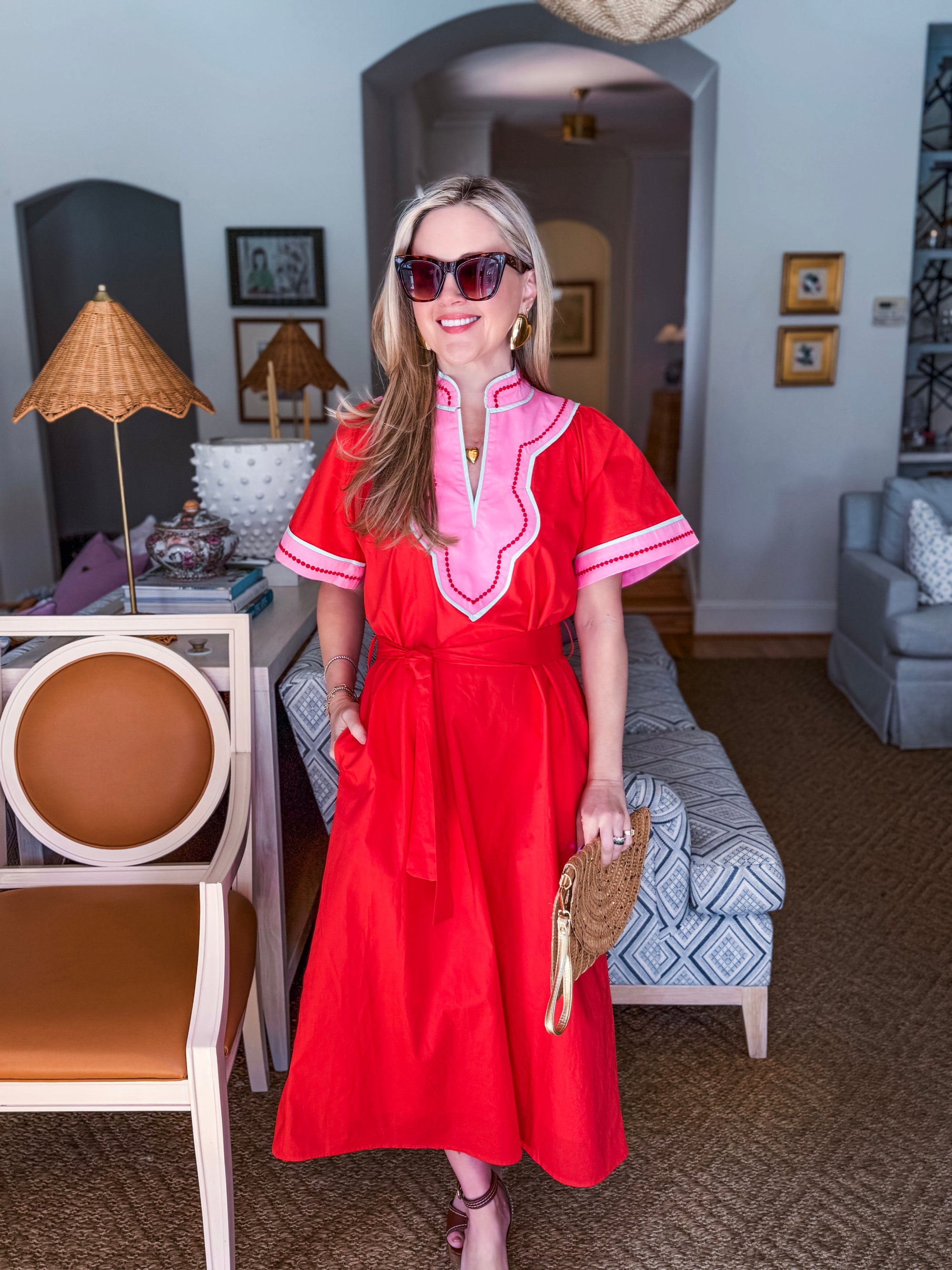 Market Walks Belted Dress-Orange Red