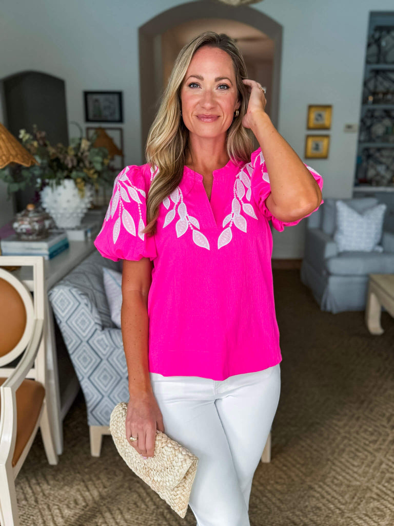Vintage Bungalow Embroidered Top-Hot Pink