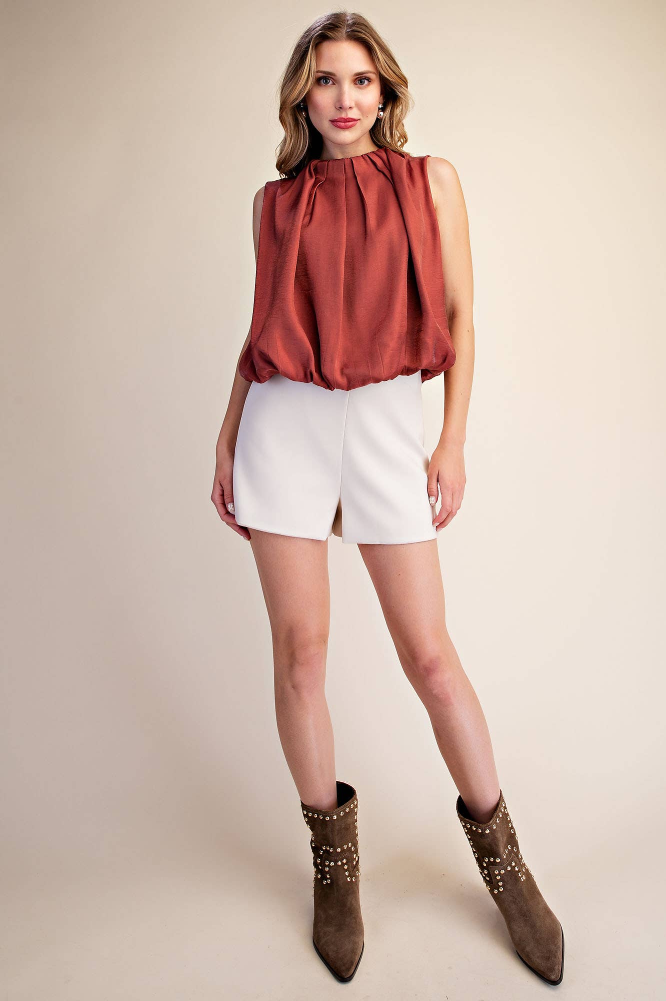 Estelle Pleated Balloon Top-Rust