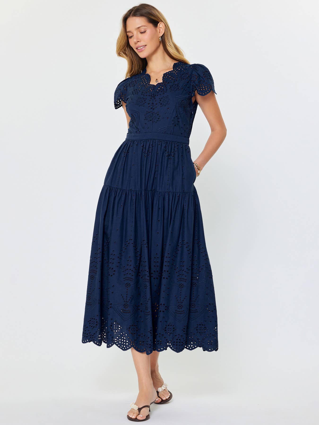 Easy Like Sunday Embroidered Midi Dress-Navy