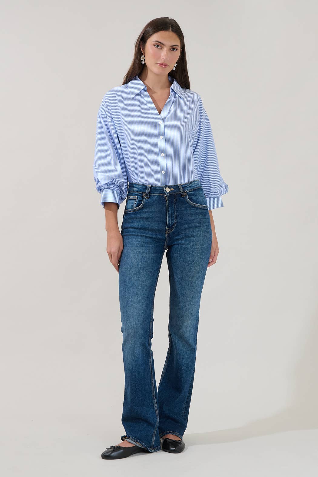 Chalet Button Down Top-Blue/White