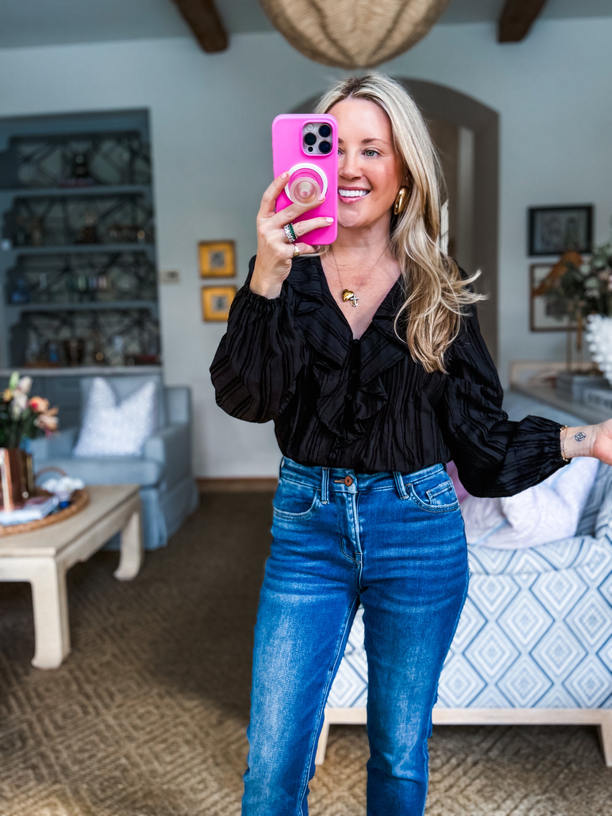 Feeling Light Ruffle Trim Top-Black