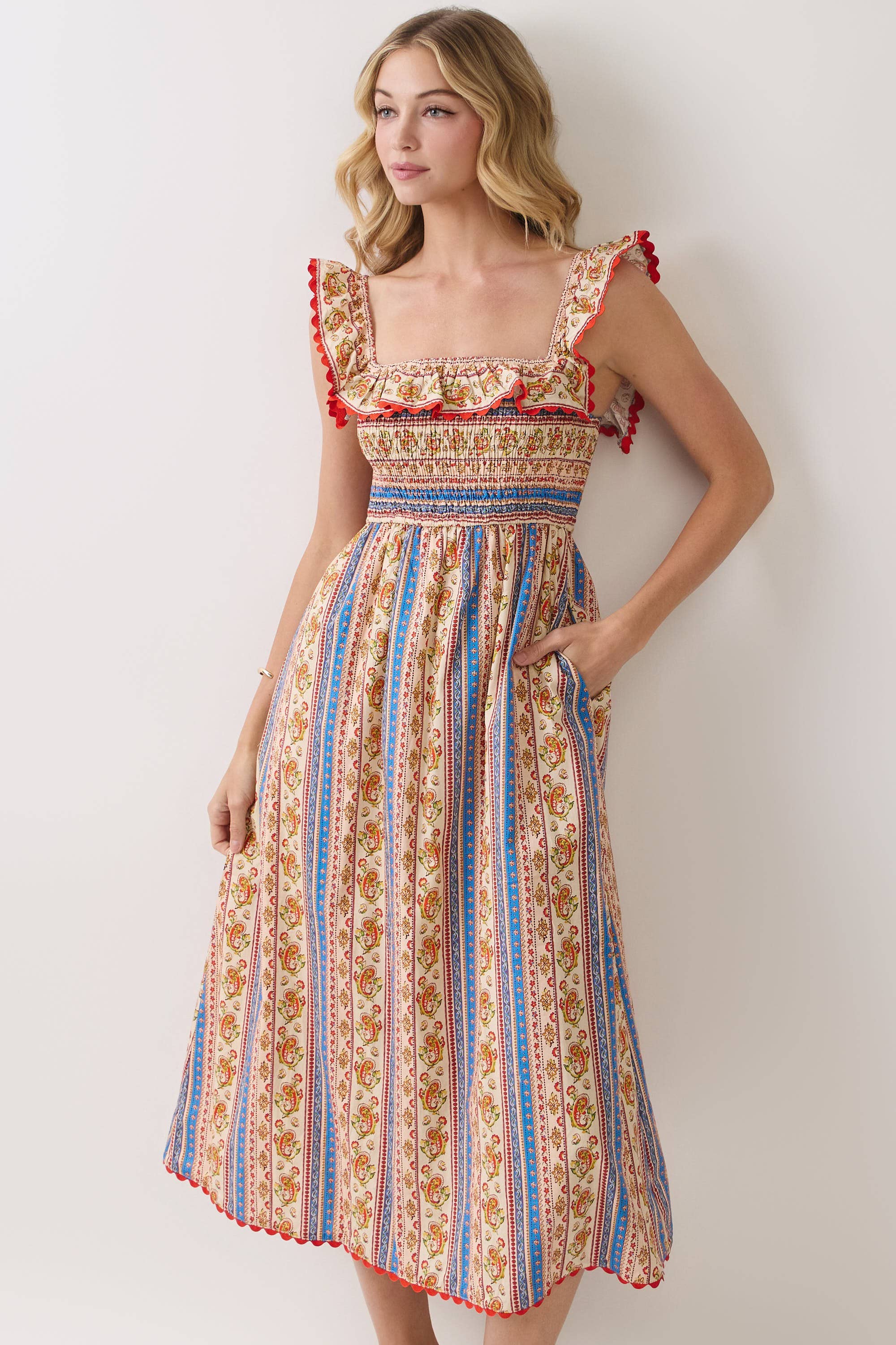 Paisley Stripe Smocked Midi Dress
