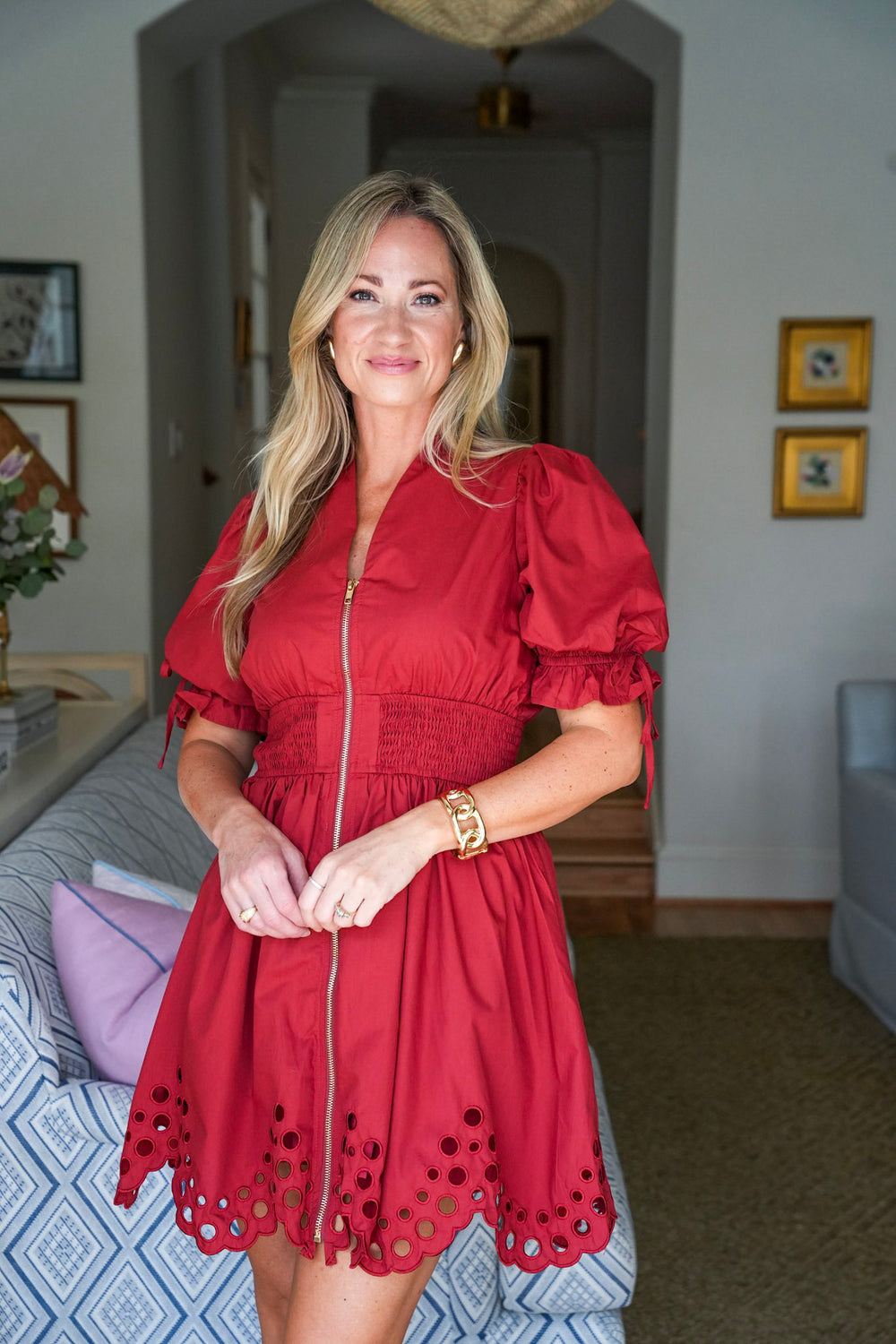 Petals And Pinot Eyelet Mini Dress-Brick