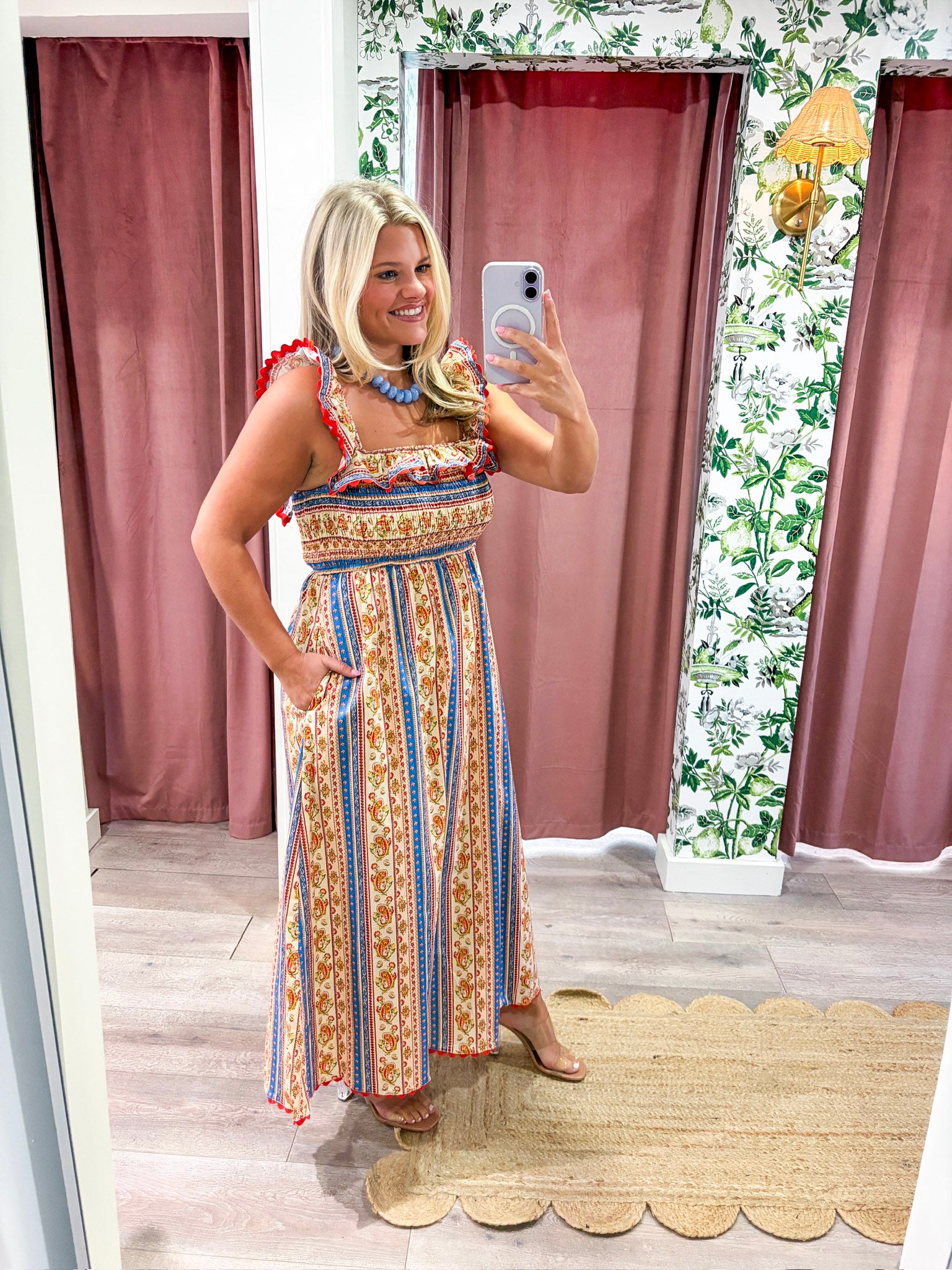 Paisley Stripe Smocked Midi Dress
