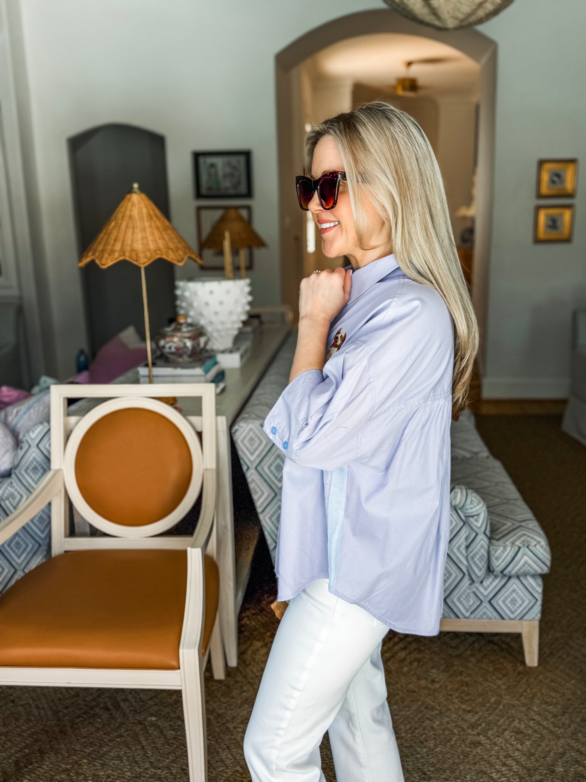 Sweetest Best Friend Embroidered Top- Blue/Papaya