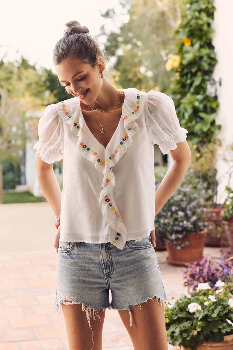 Steps Beach Embroidered Ruffle Top