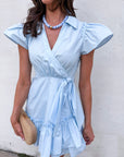 Avah Ruffle Wrap Mini Dress-Blue