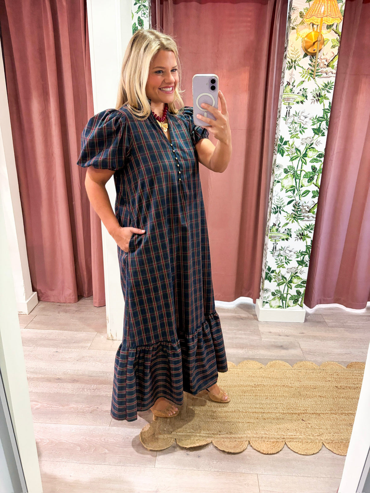 Westbury Plaid Midi Dress-Green