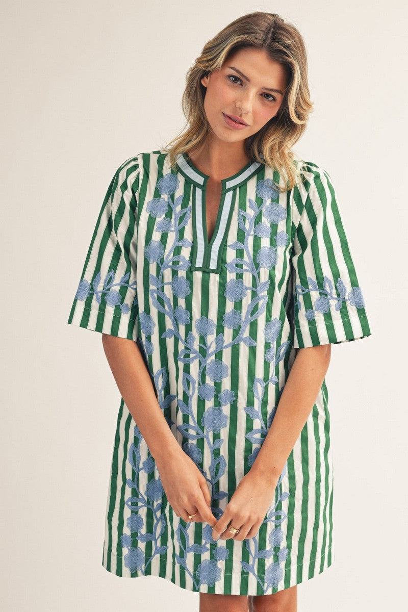 PREORDER: Riviera Maya Embroidered Shift Dress-Green