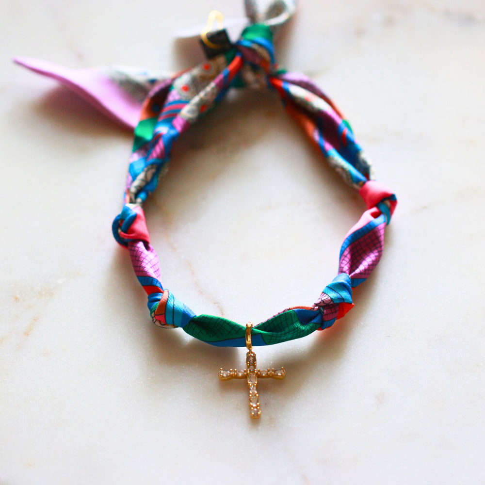 Scarf Necklace Multi Color Pattern-Cross