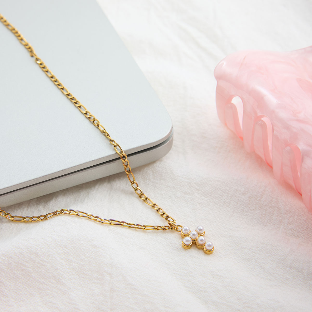 Petite Pearl Cross Necklace