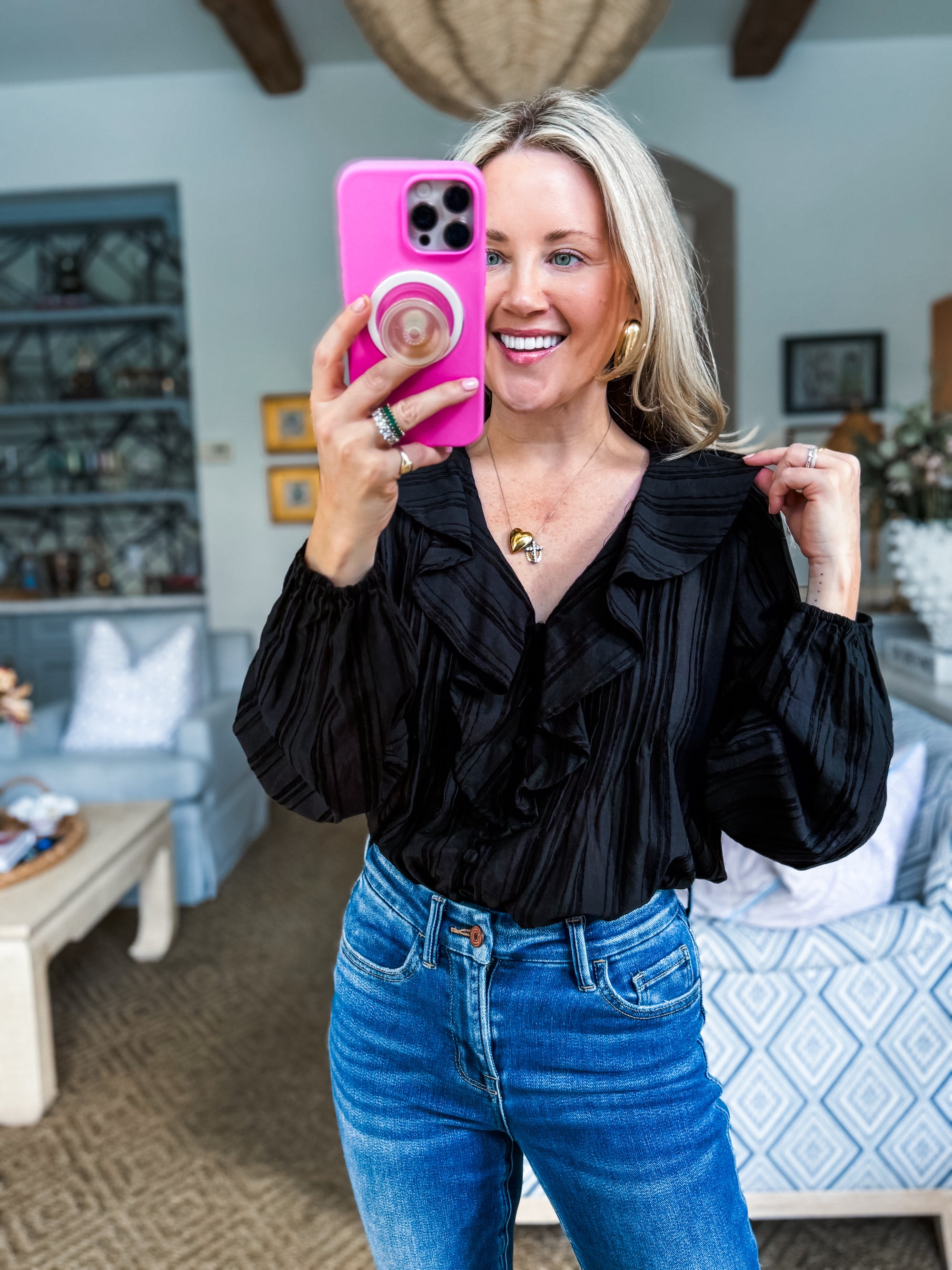 Feeling Light Ruffle Trim Top-Black