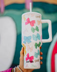 Multicolored Coquette Bows Tumbler w/ Handle- White