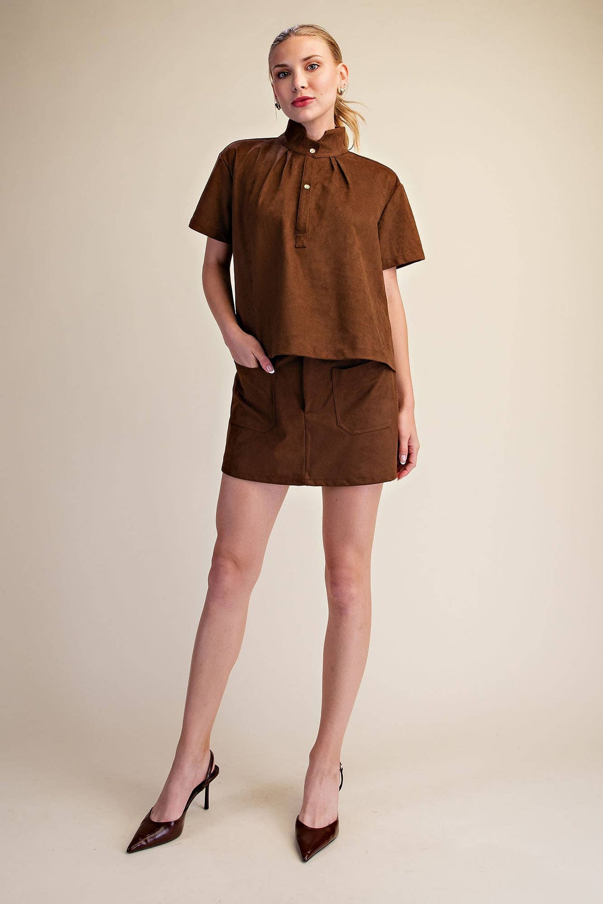 Lucille Stand Collar Top-Brown