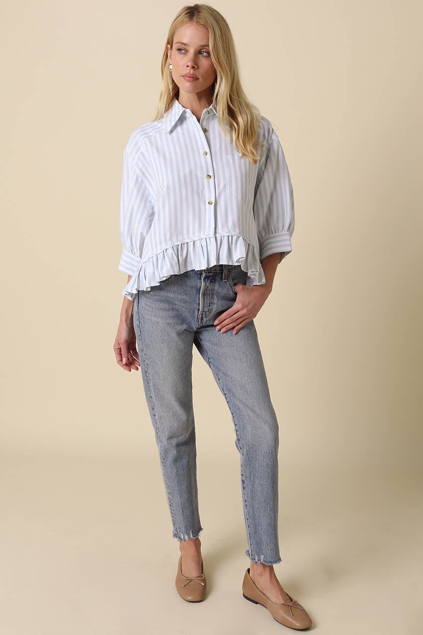Mattie Striped Ruffle Hem Top-Blue