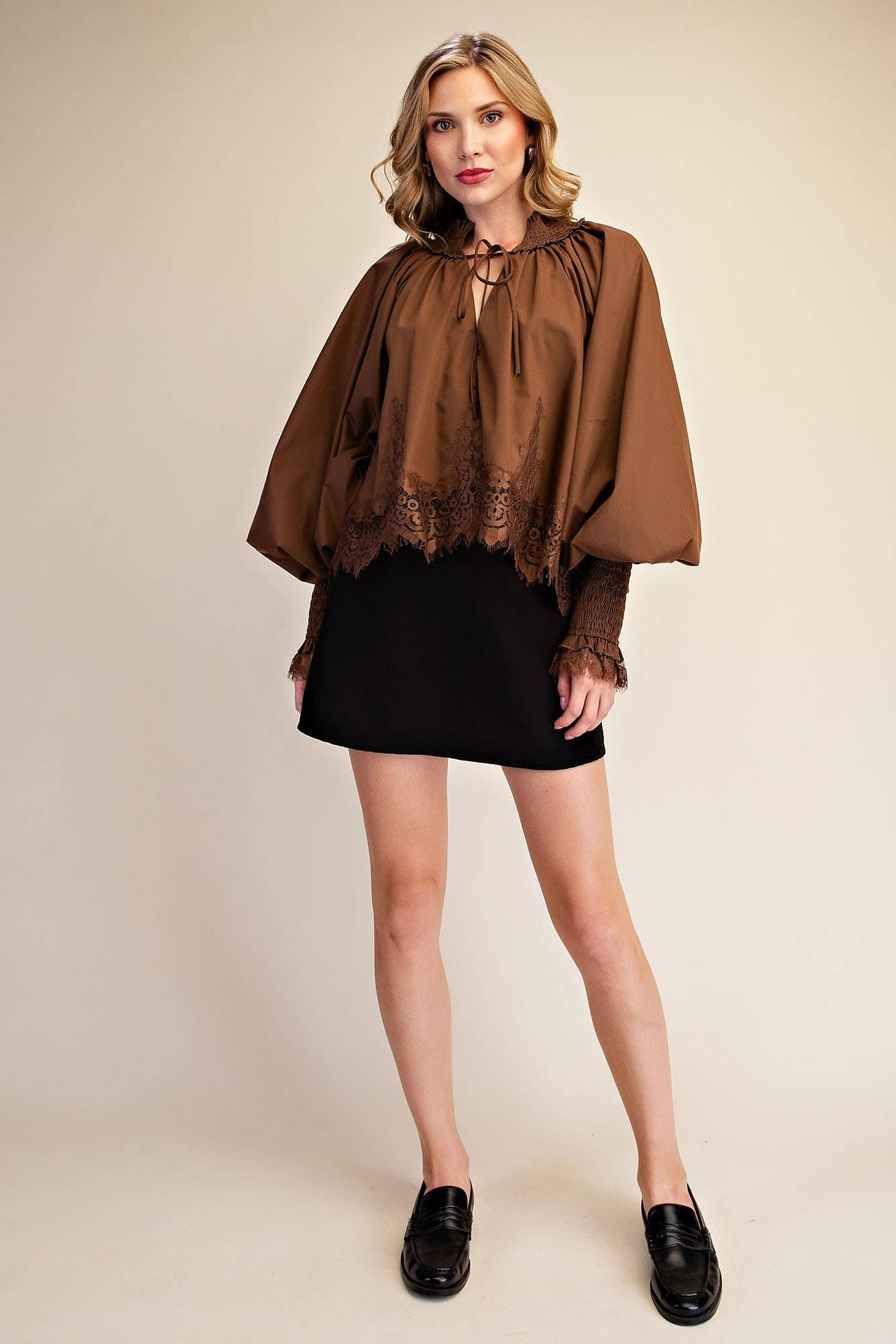 Rosamund Puff Sleeve Top-Brown