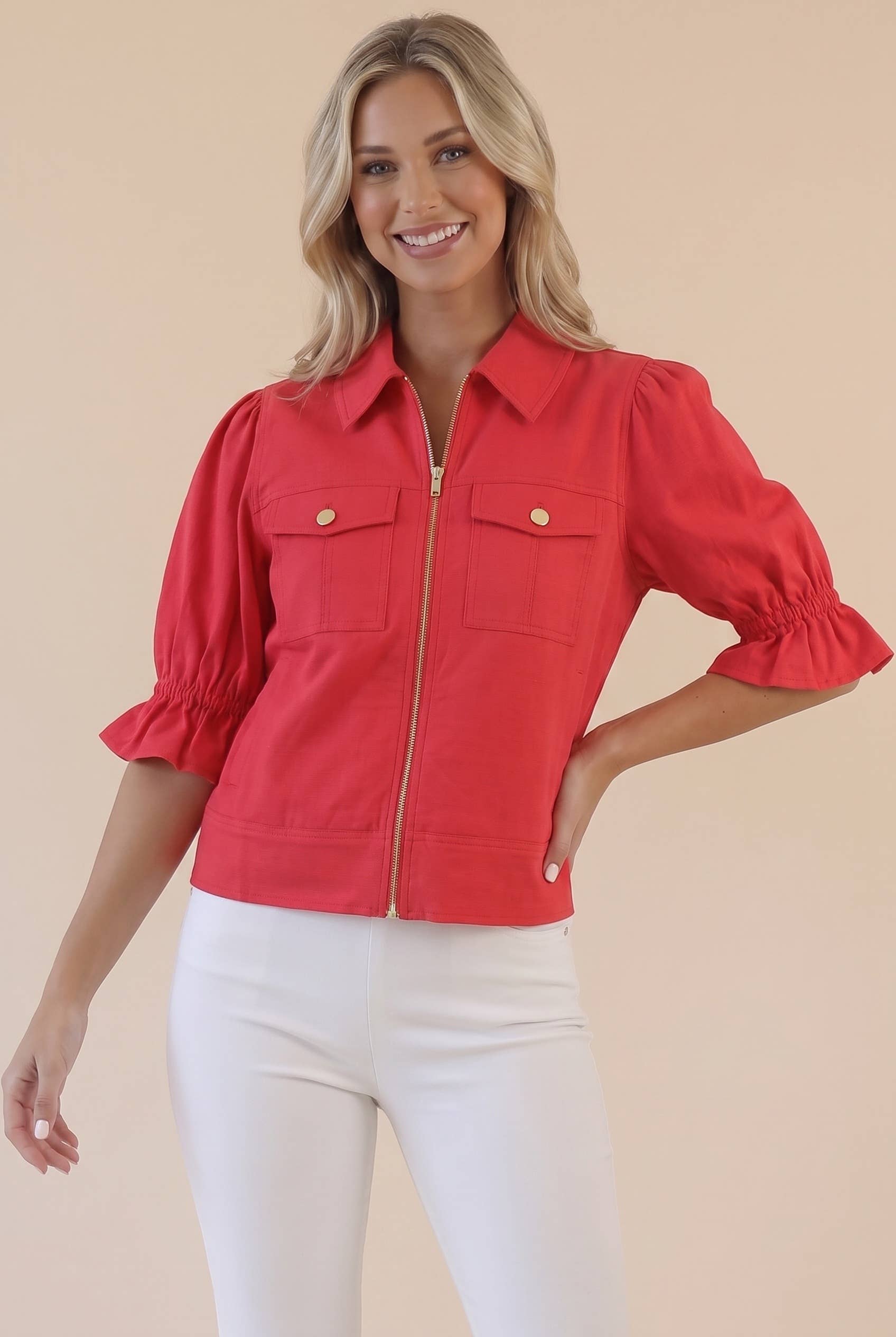 Seaside Zipper Front Jacket-Red