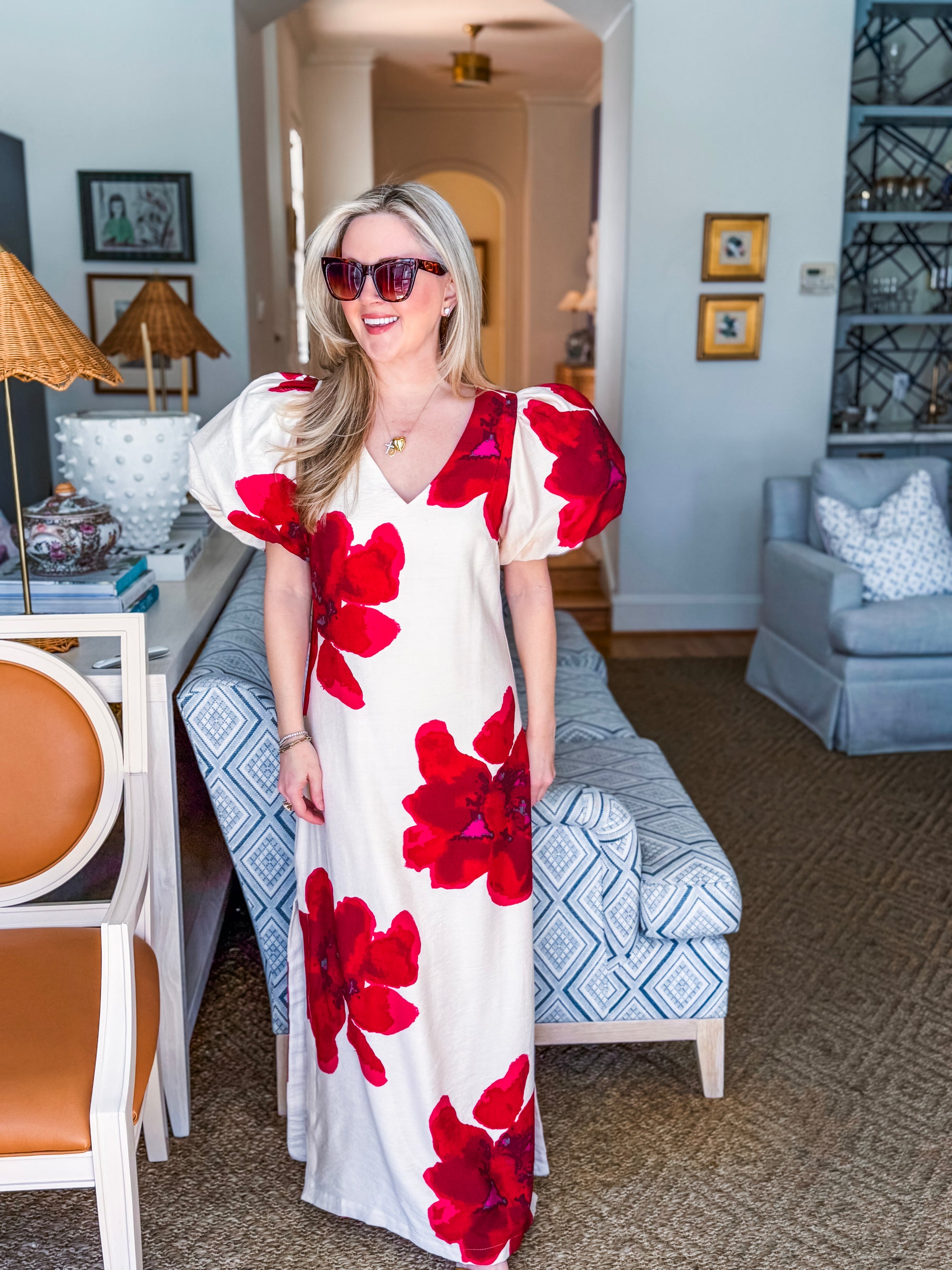 Camellia Puff-Sleeve Maxi Dress-Red