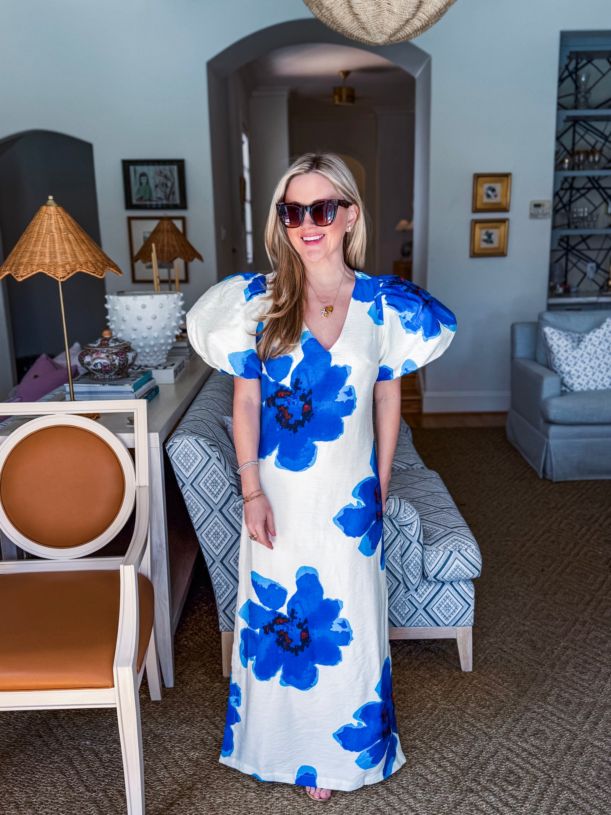 Camellia Puff-Sleeve Maxi Dress-Royal