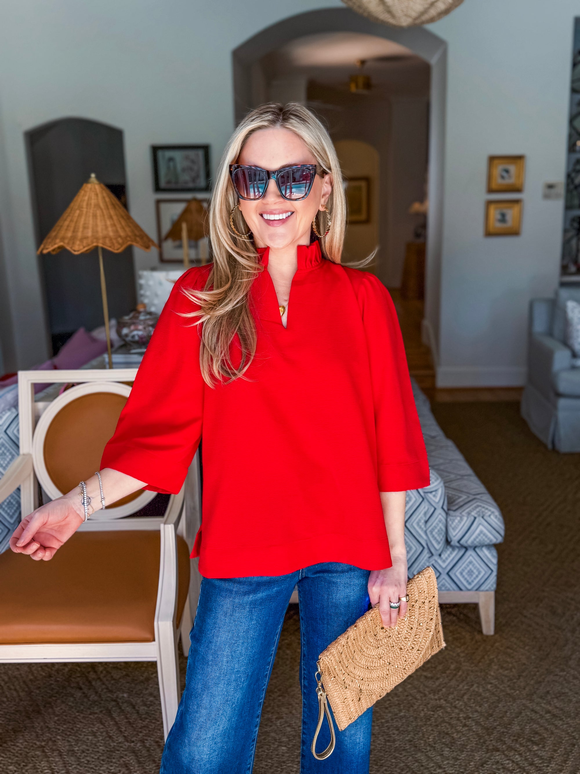 Eloise Ruffle Collar Top-Red