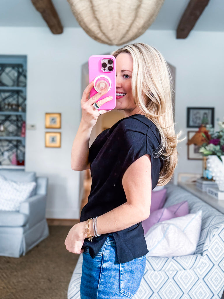 With Ease Draped Neckline Top-Black