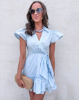 Avah Ruffle Wrap Mini Dress-Blue